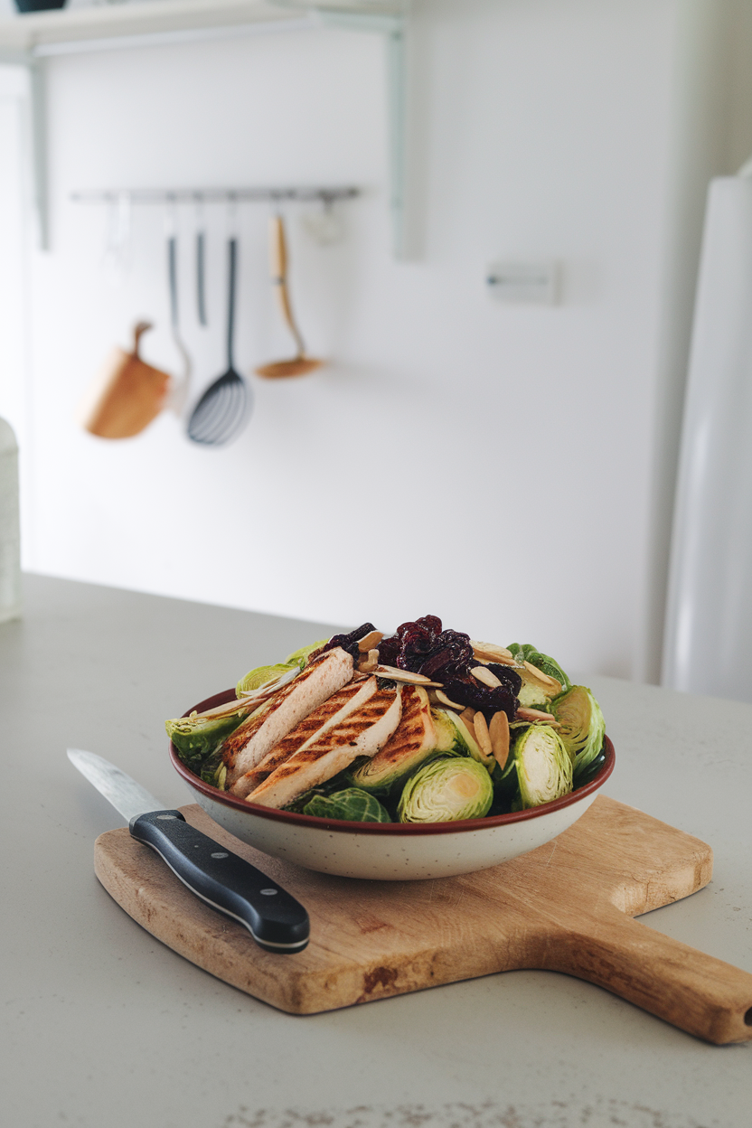 Indoor kitchen island with a bowl of thinly shaved Brussels sprouts, grilled chicken strips, dried cherries, and slivered almonds — no logos