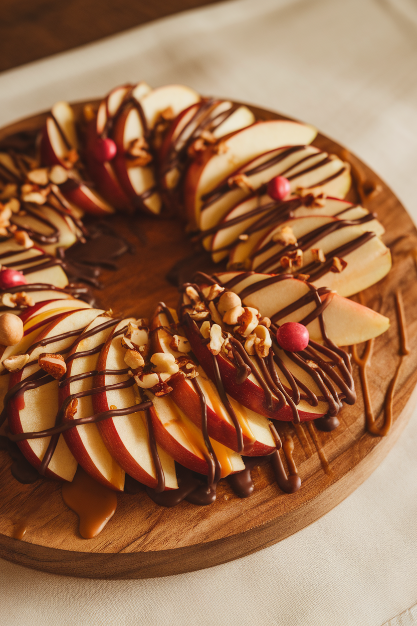 A photo of thin apple slices fanned on a platter, drizzled with gooey caramel and melted chocolate, topped with chopped nuts and candies, indoor lighting, no text or logos.