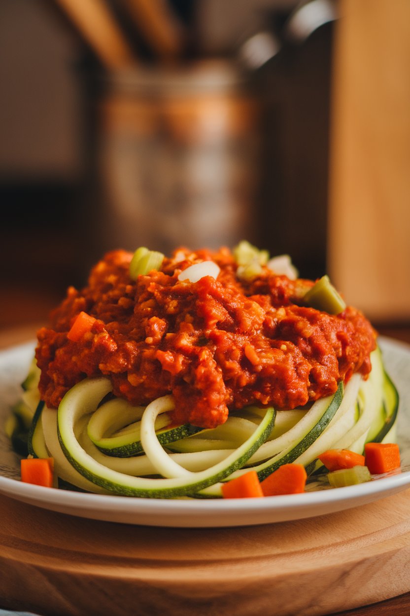 An indoor plate of zucchini noodles smothered in turkey bolognese sauce dotted with diced vegetables. No text or logos; photo only.