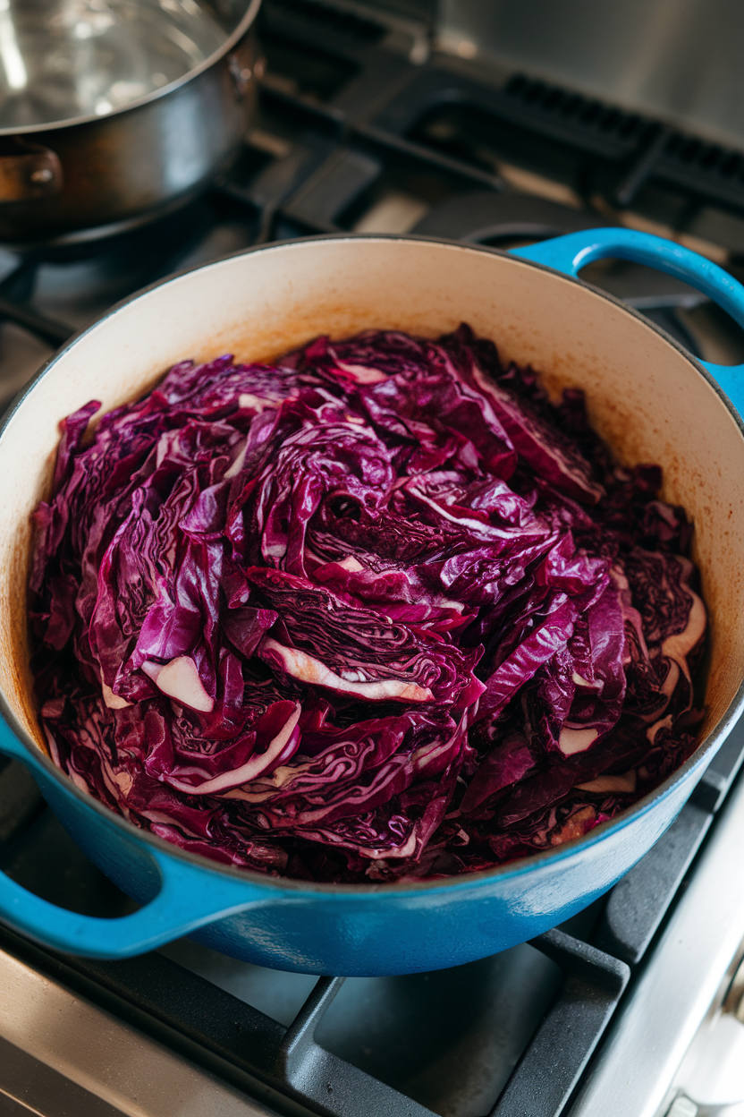 A stovetop photo of a Dutch oven filled with tender purple cabbage ribbons shimmering in apple cider glaze. This should be a photo, not an illustration. No text or logos anywhere in the scene.