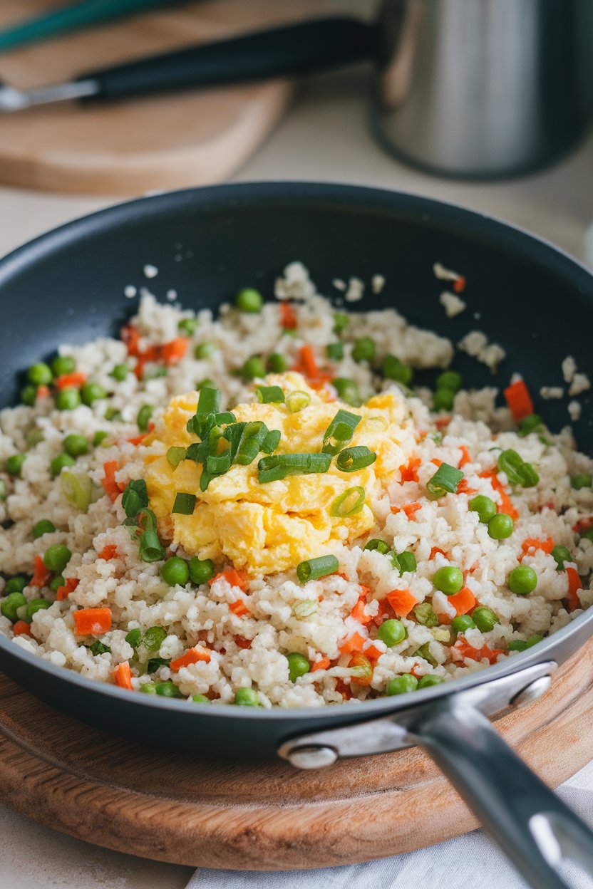 An indoor sauté pan containing cooked cauliflower rice mixed with peas, carrots, scrambled eggs, and green onions. Photo, no text or logos.