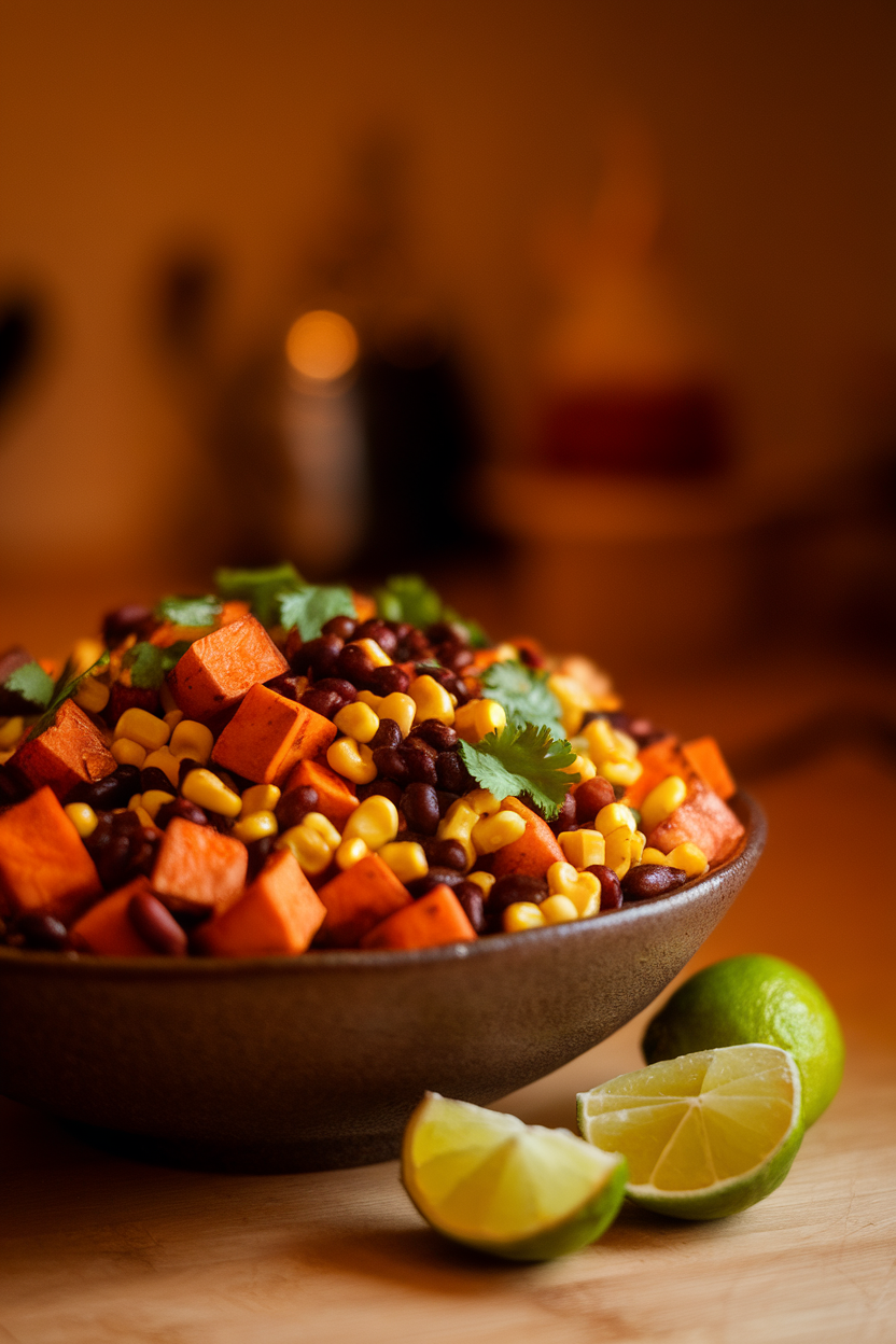 Indoor photo of cubed roasted sweet potatoes, black beans, corn kernels, and cilantro in a wide salad bowl with lime wedges nearby. Warm indoor light, no text or logos.