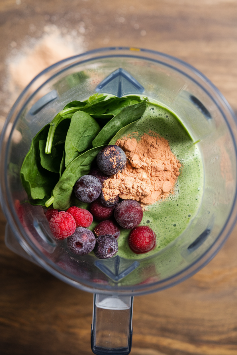 An indoor blender jar filled with spinach, frozen berries, and a scoop of plain protein powder, no brand names.