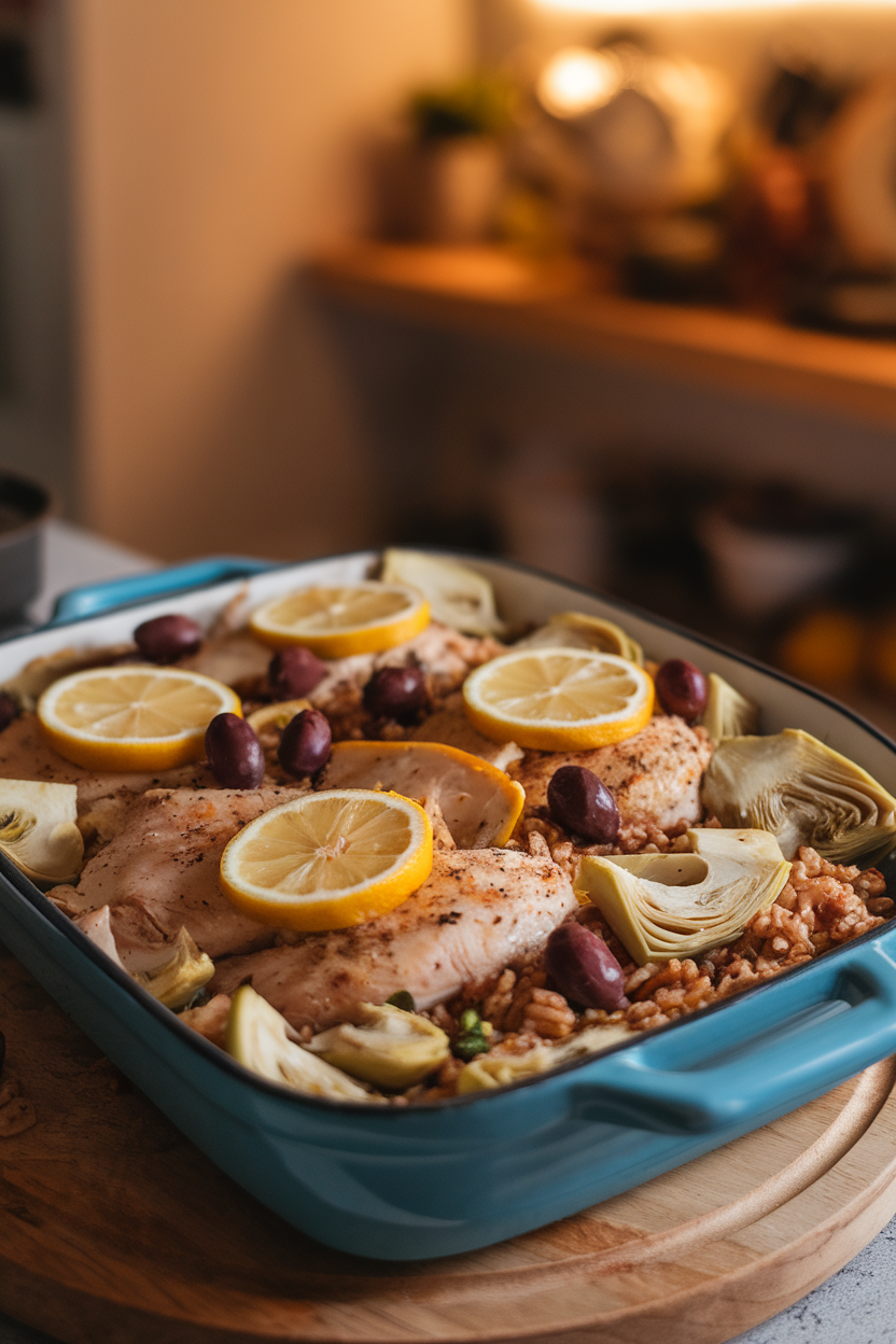 Photo of a casserole featuring chicken breasts, brown rice, artichoke hearts, kalamata olives, and lemon slices, indoor warm lighting. No text or logos.