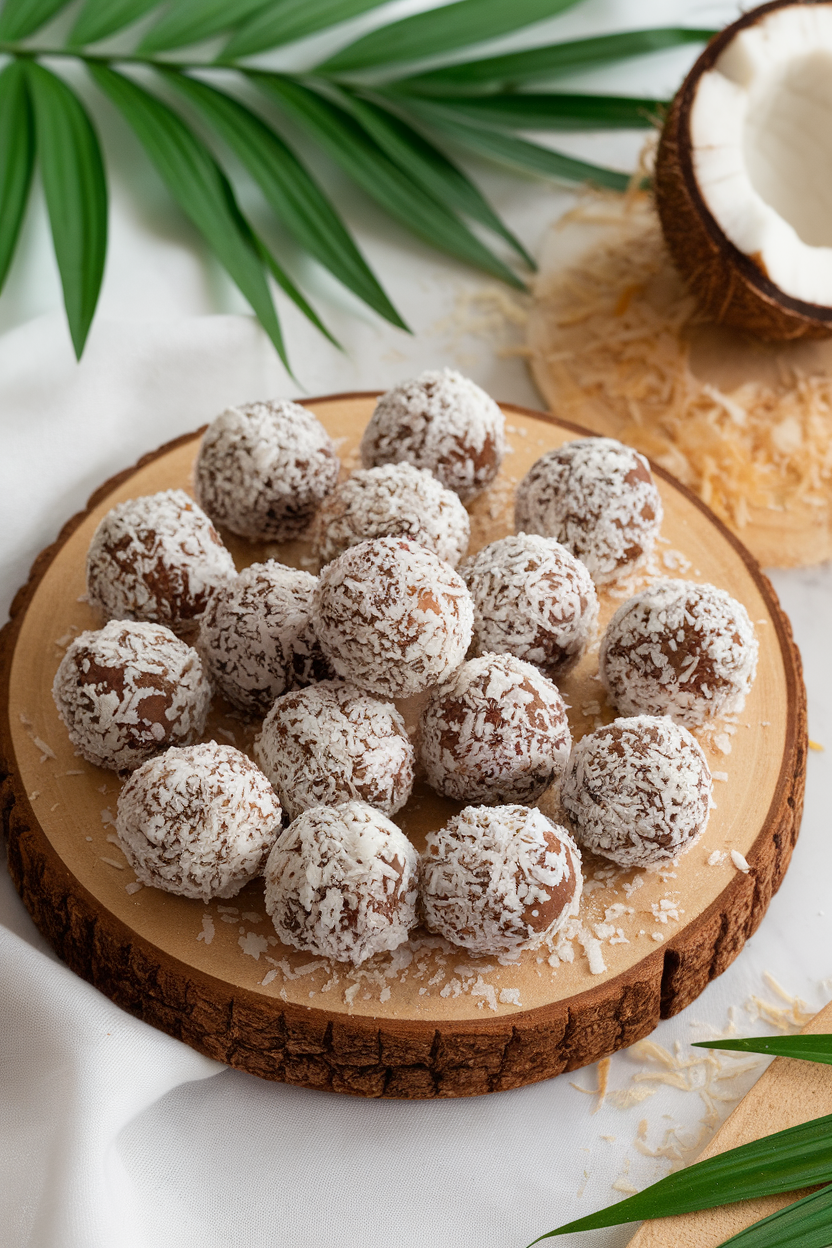 An indoor wooden board with round cocoa-date energy bites rolled in shredded coconut. No text or logos. Photo only.