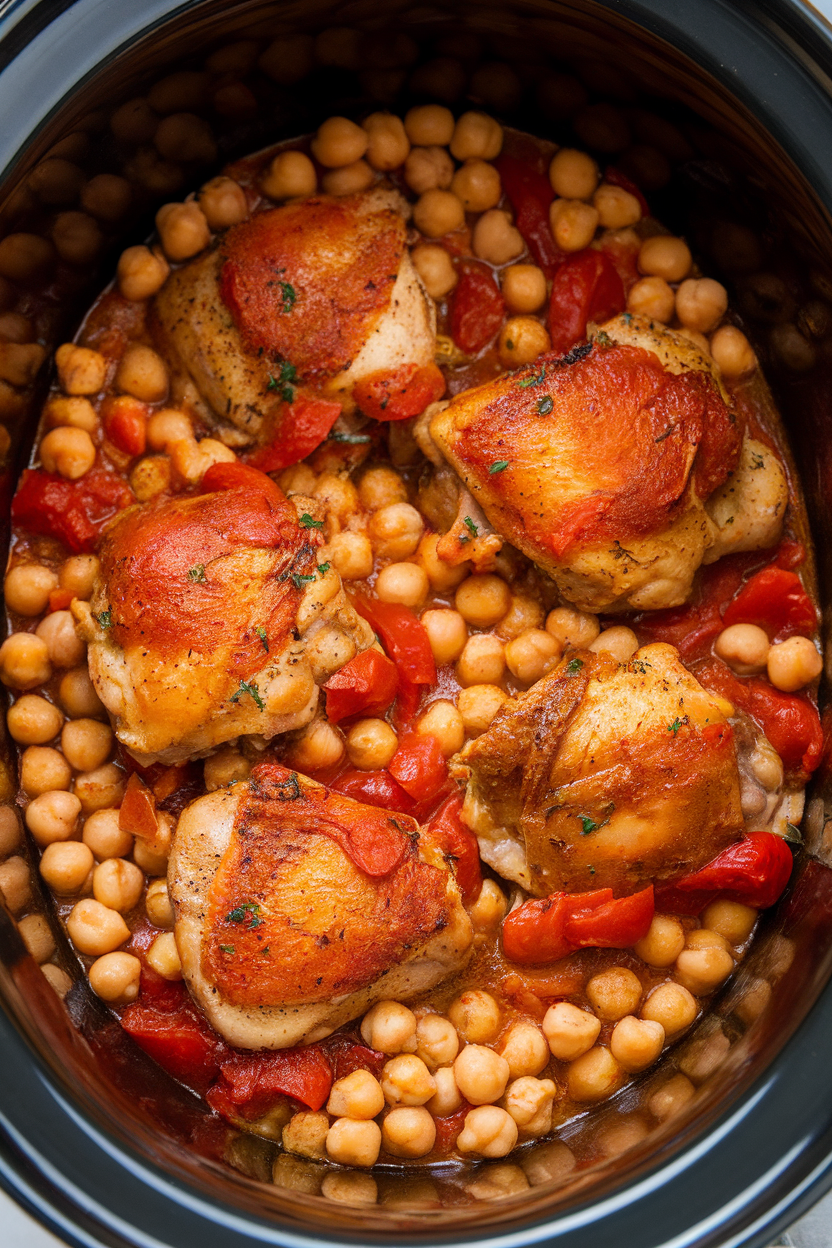 Indoor photo of braised chicken thighs with chickpeas, tomatoes, and smoked paprika in a slow cooker, no text or logos.
