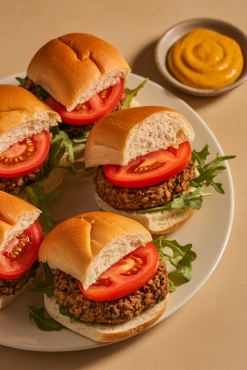 A photo taken indoors of mini whole-grain slider buns filled with lentil-mushroom patties, tomato slices, and arugula. A small dish of mustard sits to the side. Warm overhead lighting; no logos or text visible.