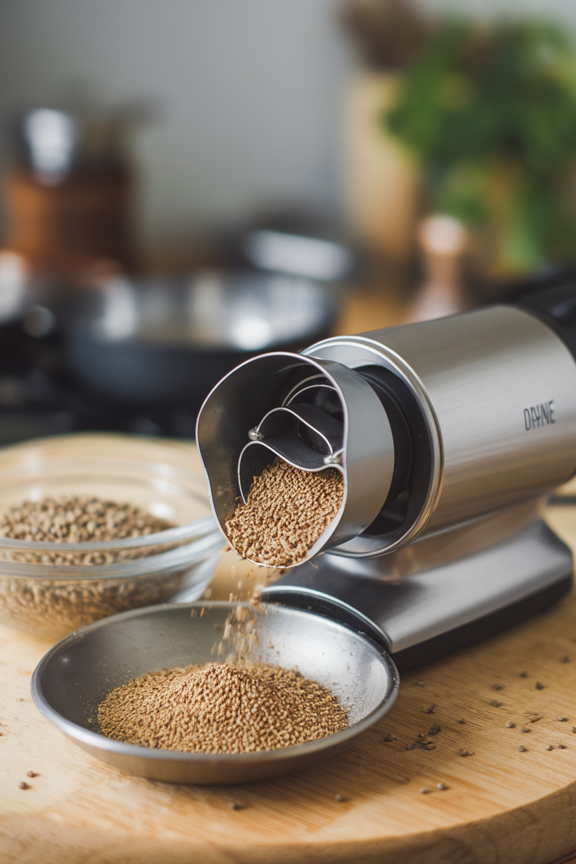 Indoor shot of an electric spice grinder with freshly ground cumin spilling onto a dish, no brand names visible.