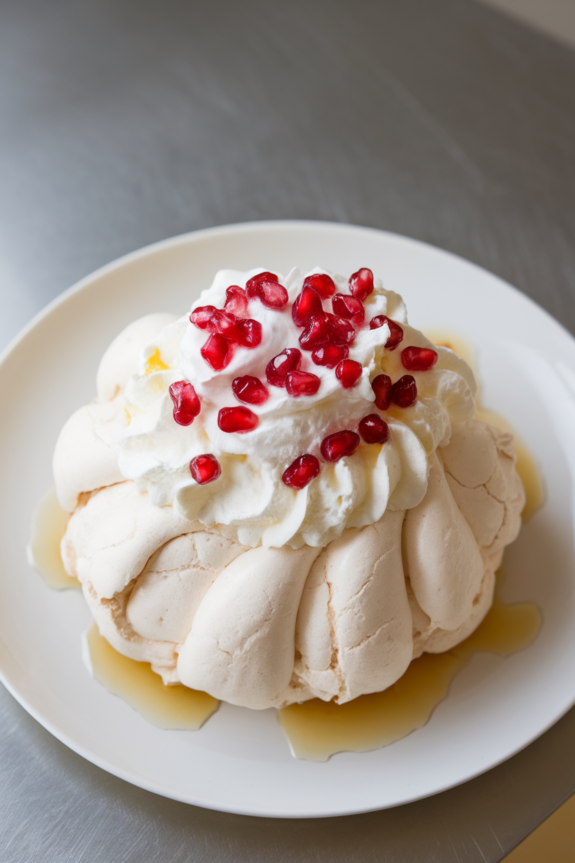 Indoor photo of a crisp white pavlova topped with whipped cream, ruby pomegranate arils, and a light drizzle of syrup, photographed from a slight overhead angle, no text or logos