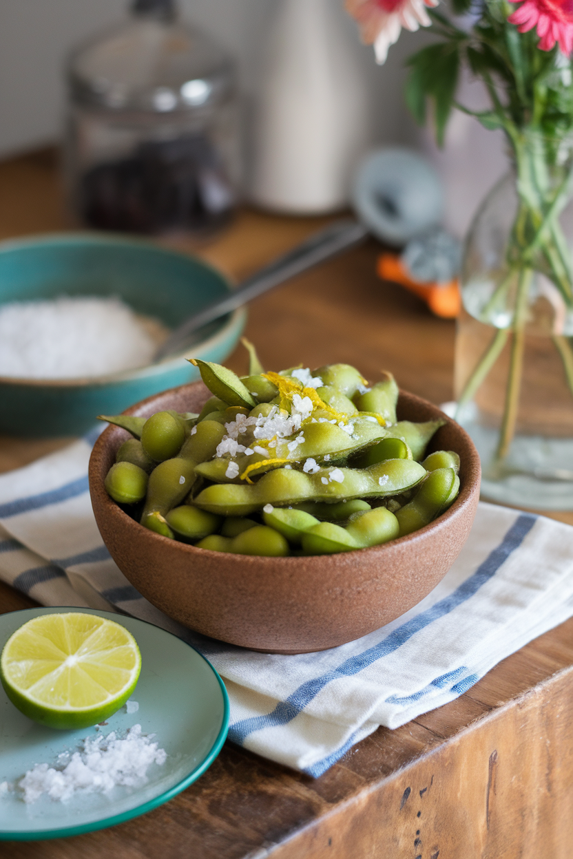 An indoor photo of a bowl of warm steamed edamame sprinkled with flaky sea salt and lime zest on a wooden table. No text or logos.