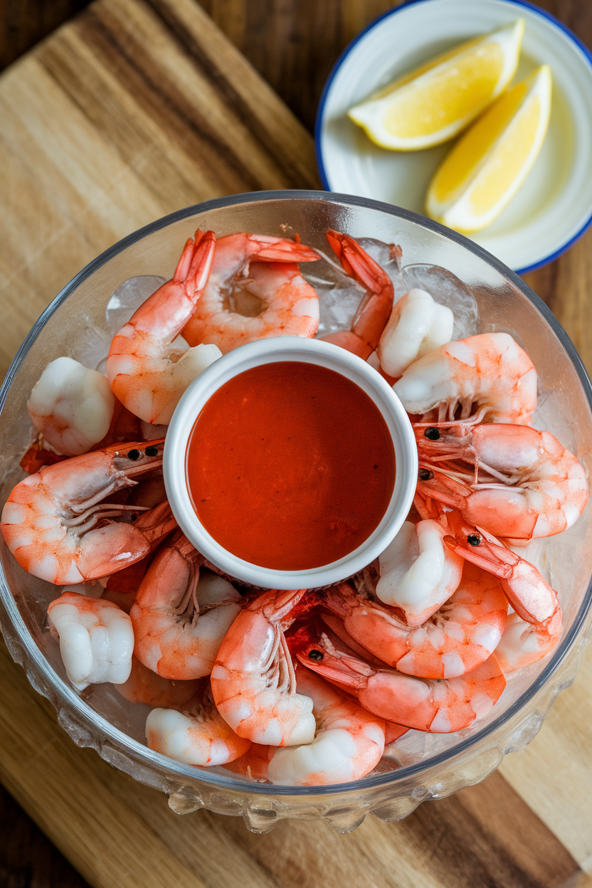 Photo taken indoors of a chilled glass bowl piled high with cooked pink shrimp tails around a ramekin of bright red cocktail sauce, lemon wedges on the side. No text or logos included.