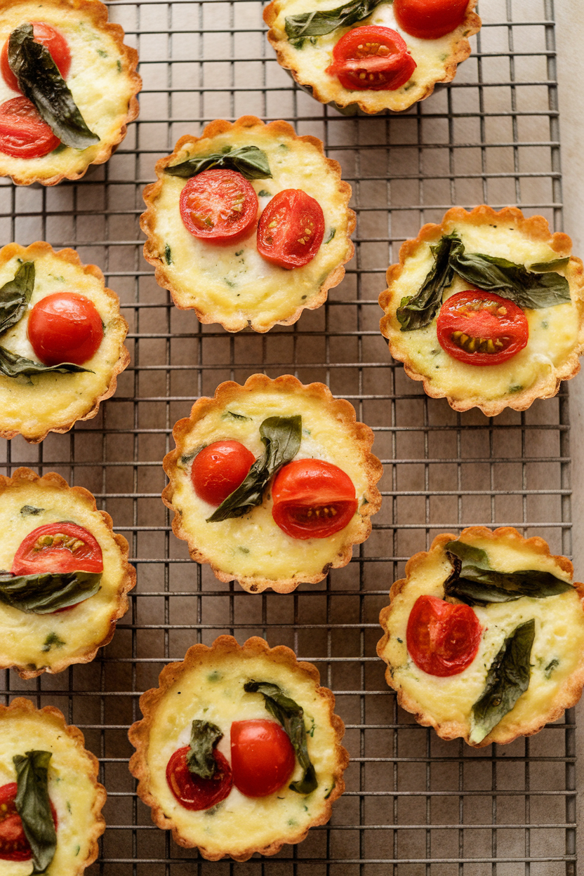 Indoor photo of bite-size muffin-tin frittatas dotted with cherry tomato halves and basil ribbons on a cooling rack. No text or logos.