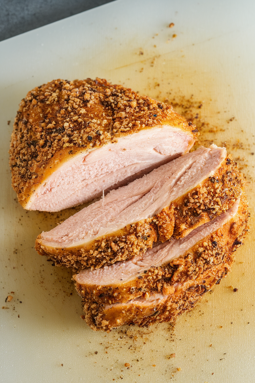 Indoor cutting board with air-fried chicken breast sprinkled in everything bagel seasoning, sliced in half, 45-degree angle. No text or logos.