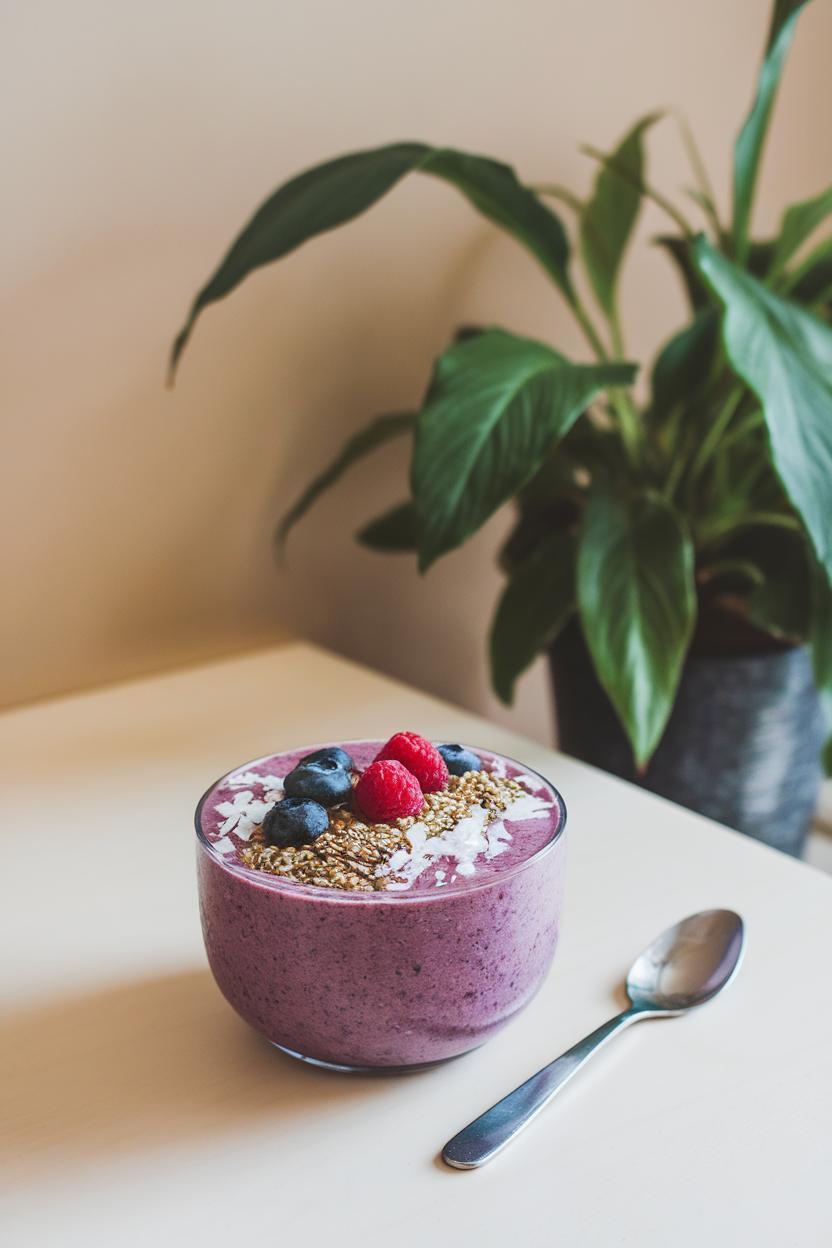 An indoor breakfast table with a smoothie bowl topped with hemp seeds, blueberries, raspberries, and shredded coconut. No text or logos.