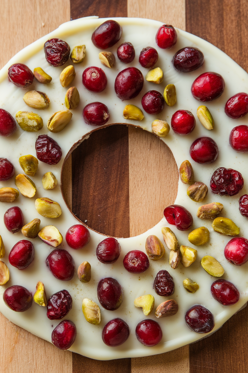 Indoor shot of a circular ring of white chocolate bark studded with cranberries and pistachios, no text or logos