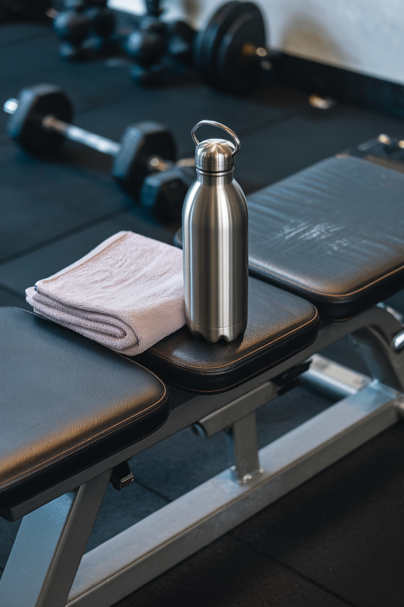 An indoor gym bench with a stainless-steel water bottle beside a towel—photo, no logos.