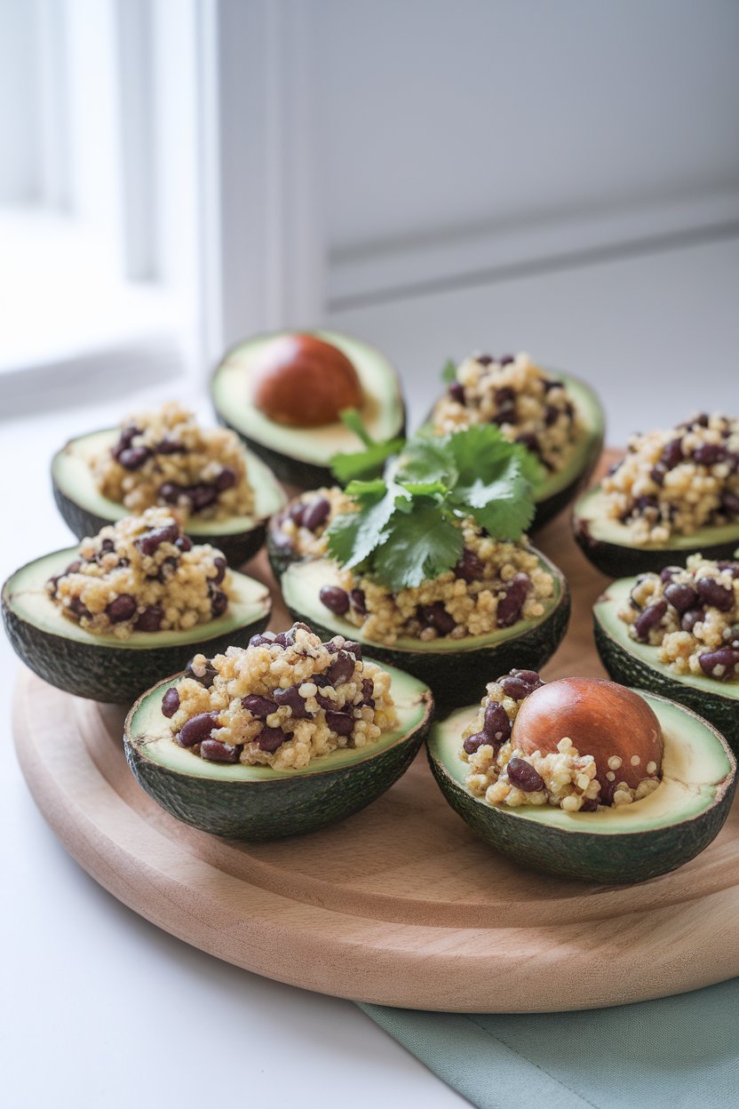 Indoor platter of halved avocados filled with black bean–quinoa salad, cilantro garnish; bright, natural indoor light, no text or logos.