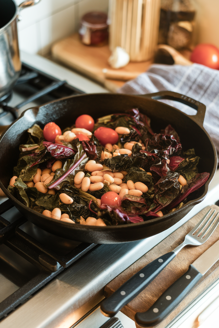 Photo of an indoor stovetop scene showing a cast-iron skillet filled with wilted Swiss chard, cannellini beans, cherry tomatoes, and garlic. No logos or text.