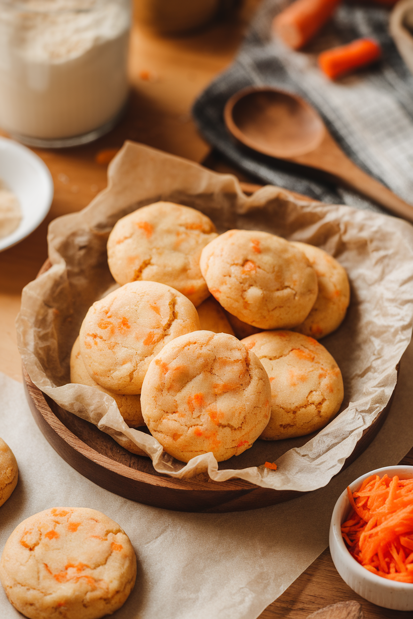 Photo prompt: Warm kitchen scene featuring soft carrot-cake cookies with visible orange flecks, a small bowl of grated carrots nearby, no logos.