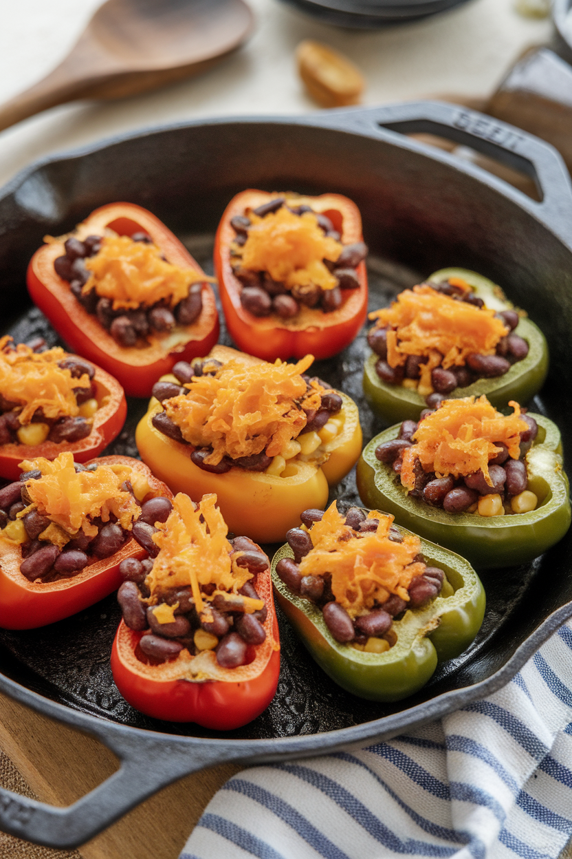Indoor photo of mini sweet pepper halves loaded with black beans, corn, and a sprinkle of melted cheddar, baked and served on a cast-iron skillet. No visible branding or text.