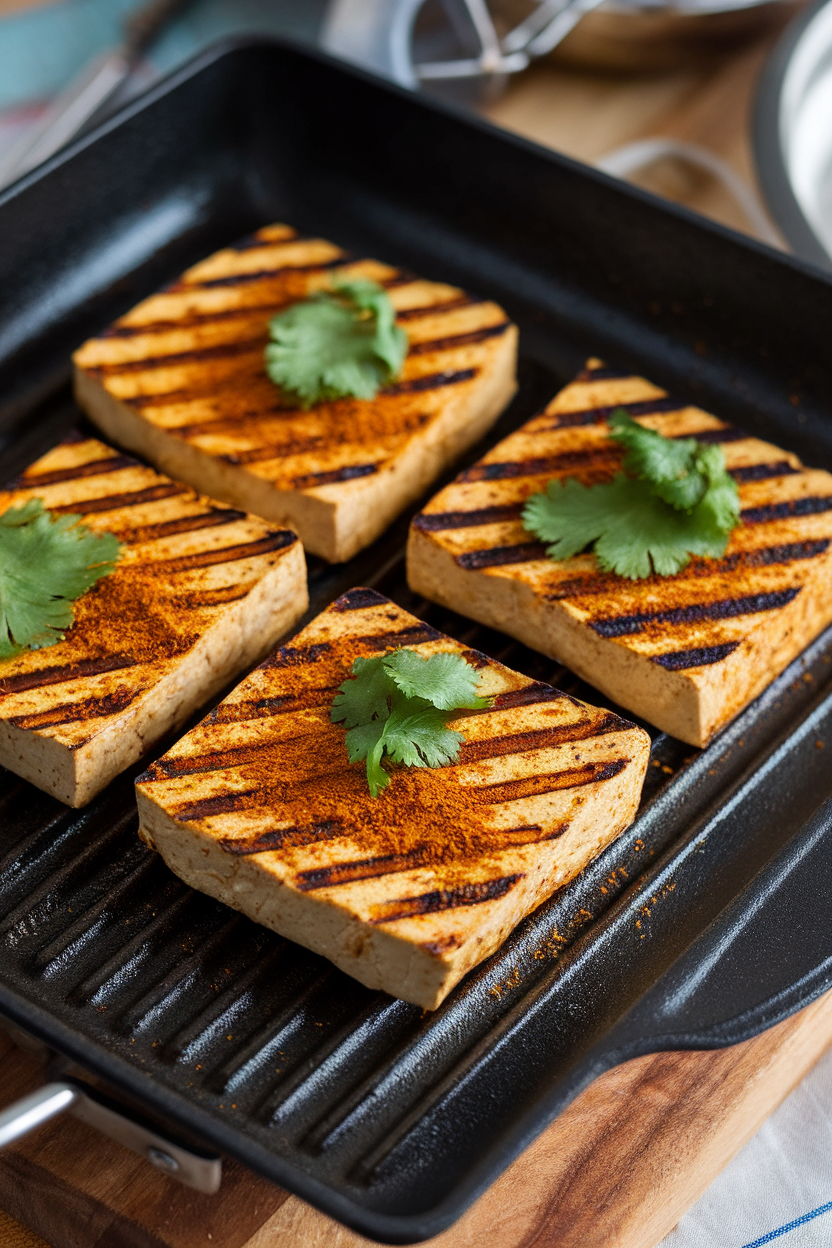 Photo of an indoor grill pan with thick tofu steaks bearing char lines, dusted with garam masala, cilantro garnish on top, no text or logos.