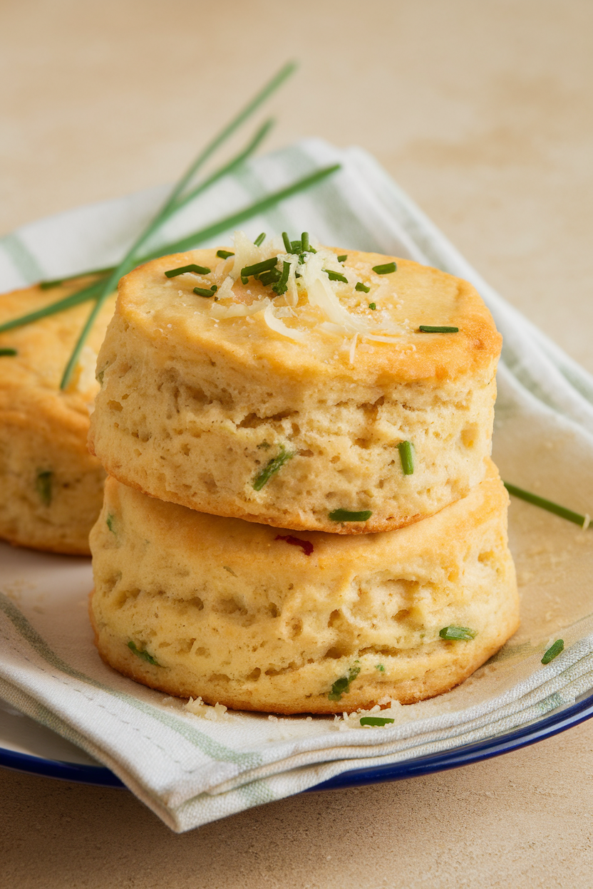Indoor photo of flaky cheddar biscuits with green chive flecks stacked on a cloth napkin. No text or logos.