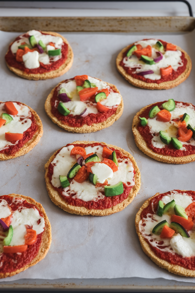A baking sheet indoors featuring several small round cauliflower crust pizzas topped with melted mozzarella and colorful veggie pieces. No text or logos.