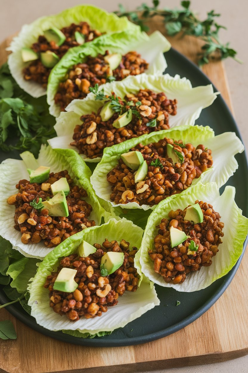 Indoor platter of butter lettuce leaves filled with spiced lentil-walnut mixture and diced avocado; neutral background, no text or logos.