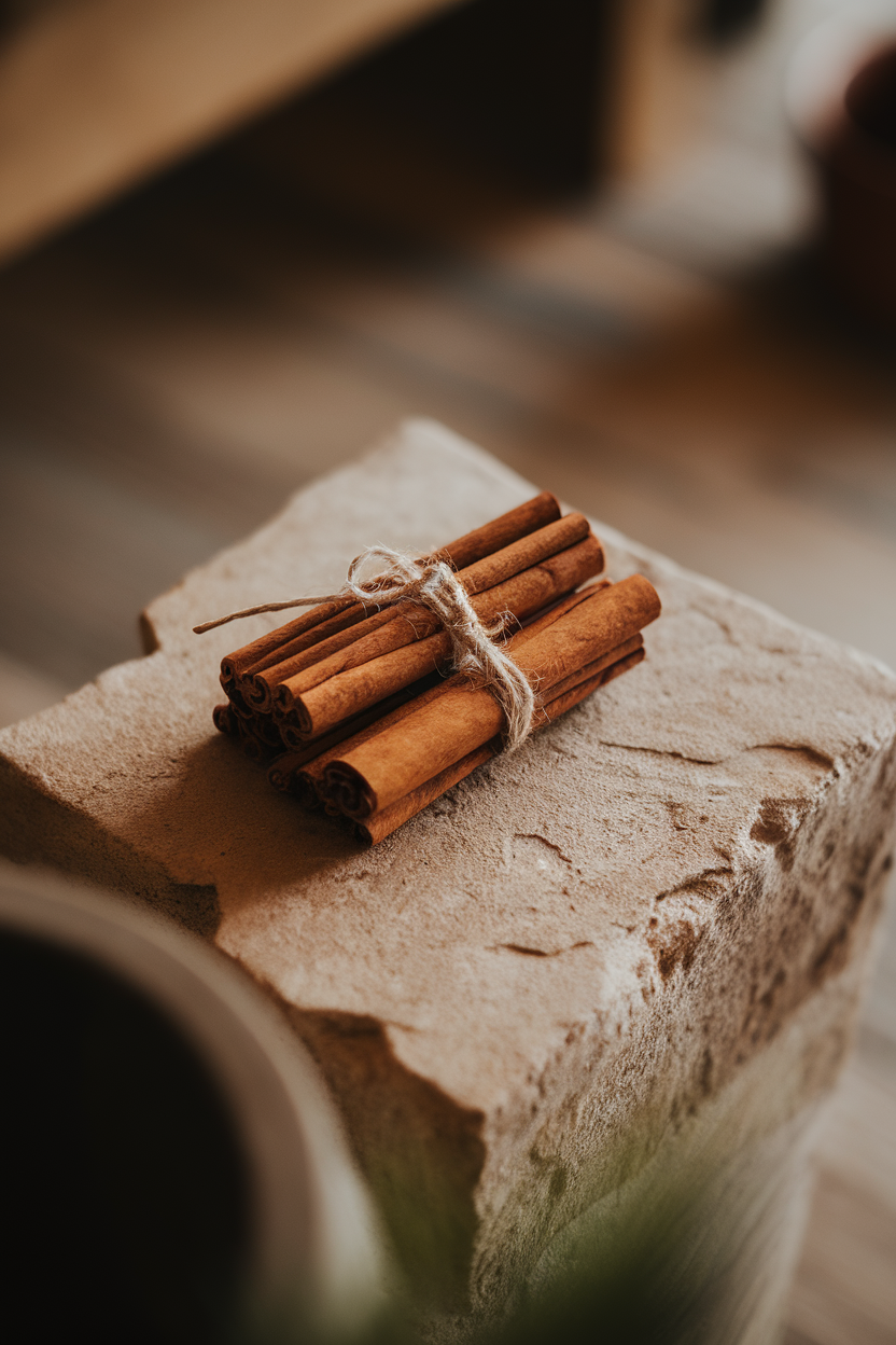 Several cinnamon sticks tied with kitchen twine resting on an indoor stone slab, subtle overhead light creating warm tones, no text or logos, photo.