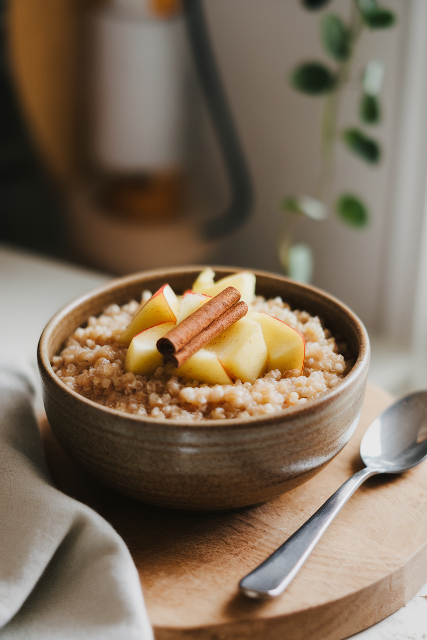 A ceramic bowl indoors of warm quinoa porridge topped with sautéed apple cubes and a cinnamon stick garnish. Photo, no text or logos.