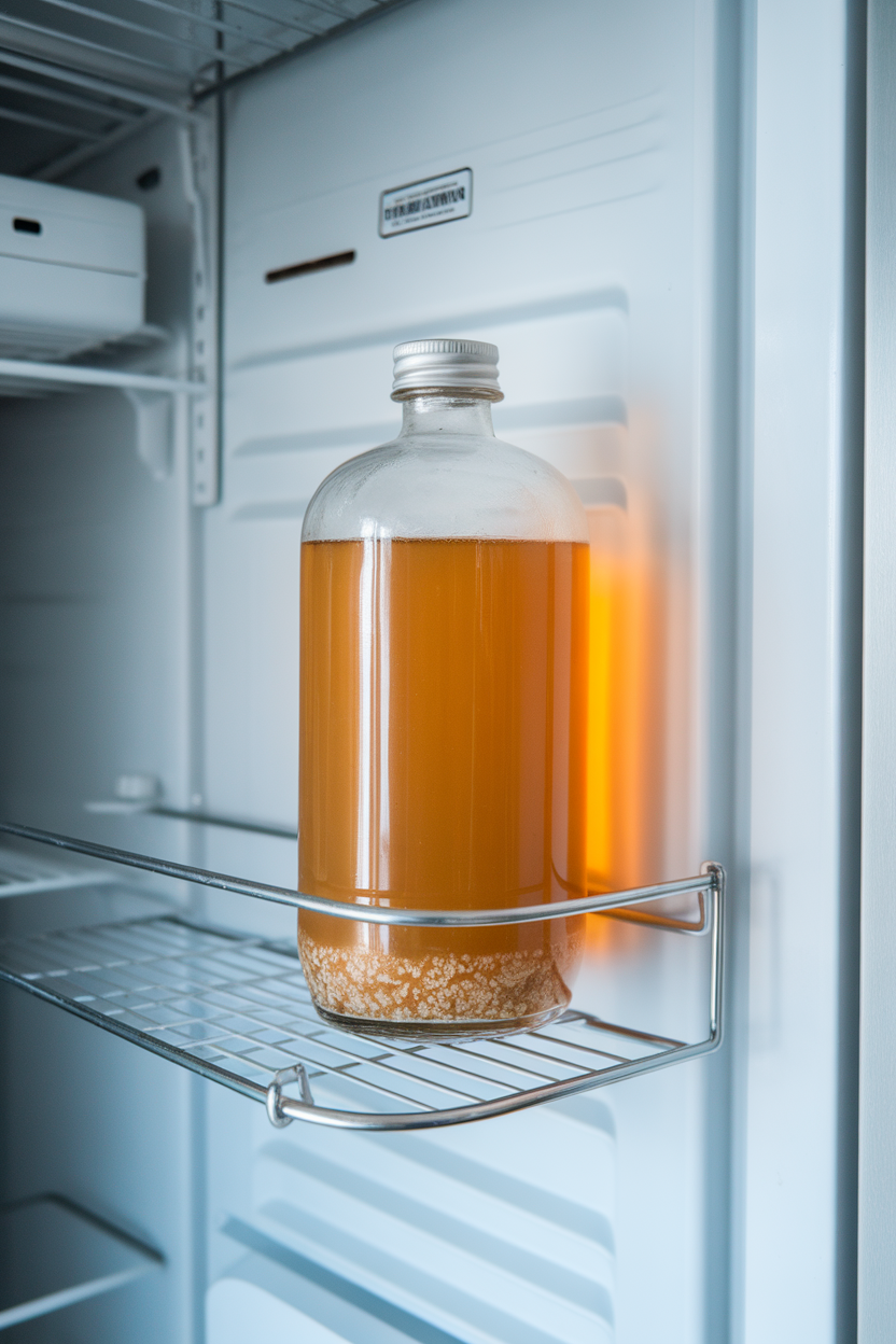Photo, indoor fridge door with a glass bottle of apple cider vinegar, natural sediment visible, no text or logos.