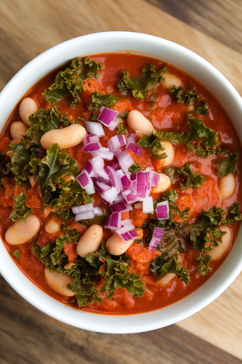 Indoor photo of chili featuring vibrant green kale ribbons among pinto beans in a tomato base, scattered with diced red onion; no text or logos.