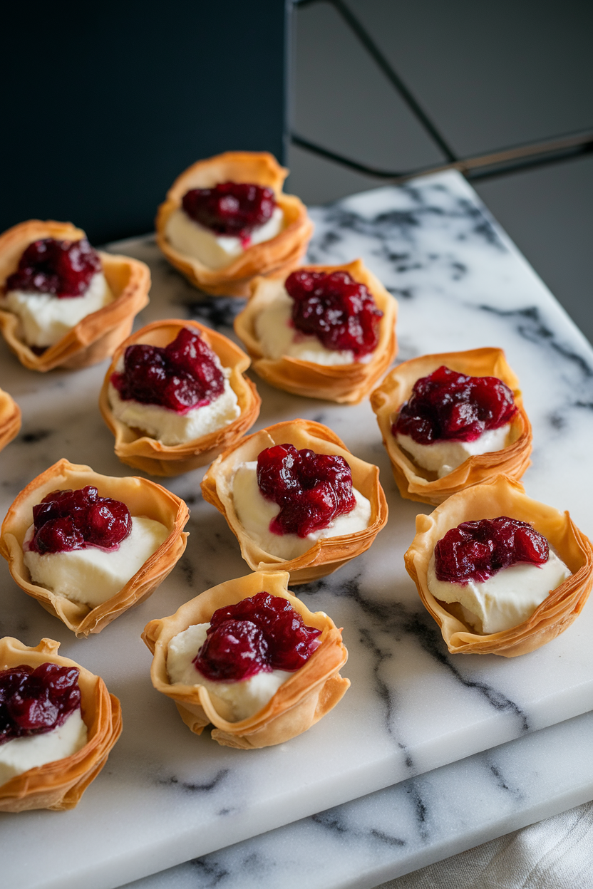 Indoor photo of mini phyllo shells filled with melted brie and jewel-toned cranberry sauce, set on a marble tray. No text or logos.