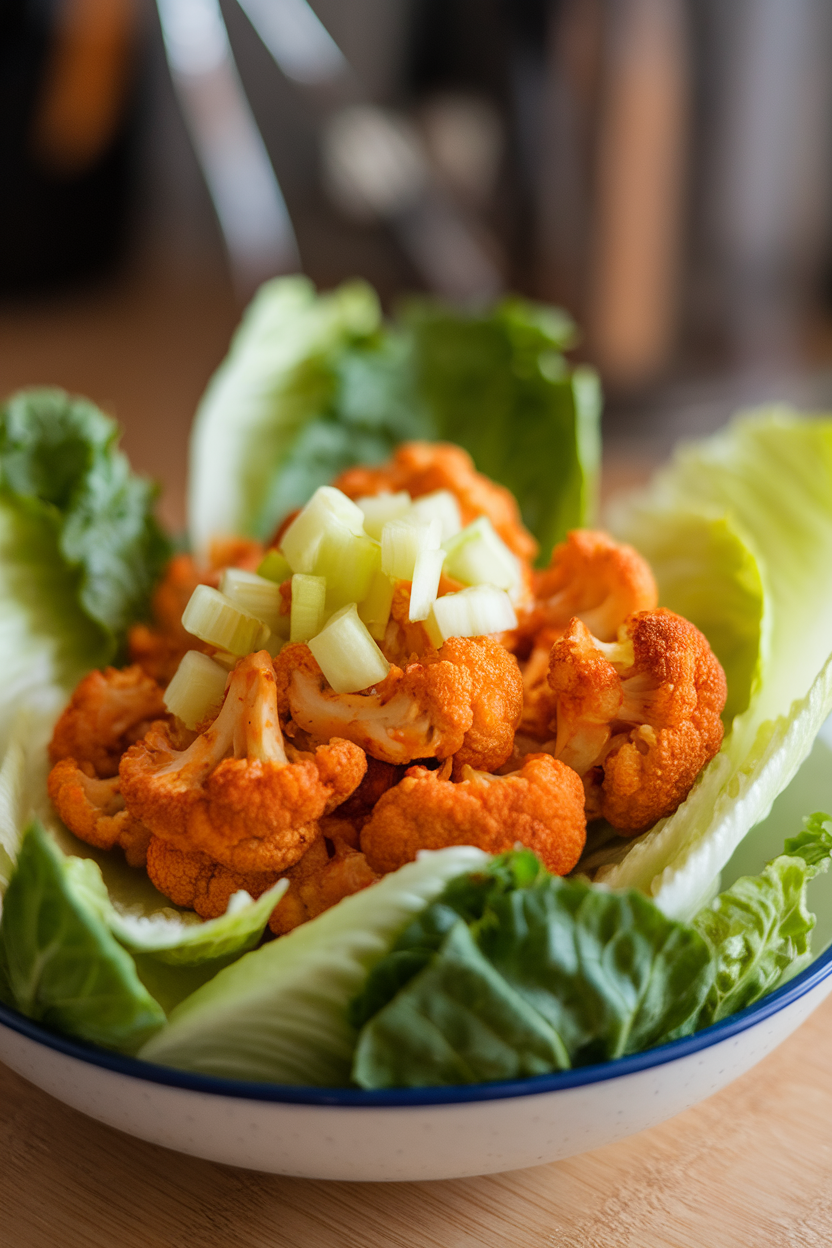 Indoor photo of romaine leaves filled with buffalo-sauced roasted cauliflower, topped with diced celery. No text or logos.