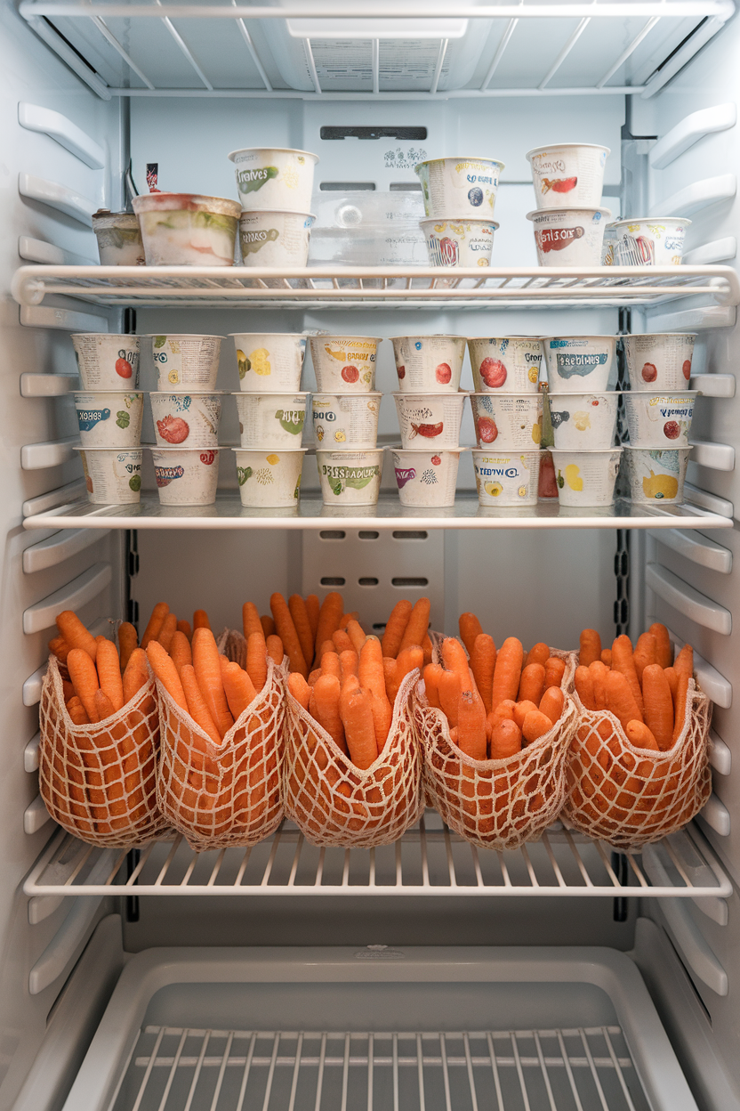 Indoor photo of refrigerator door shelves holding rows of yogurt cups and baby carrots at child eye height, no text or logos