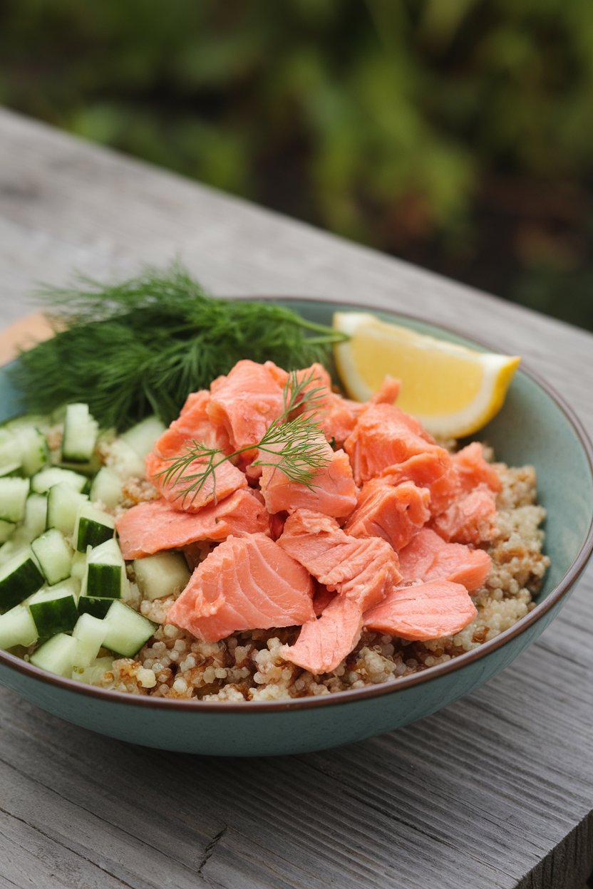 An indoor bowl featuring flaked baked salmon, quinoa, diced cucumber, and fresh dill, lemon wedge on the side. No text or logos; photo only.