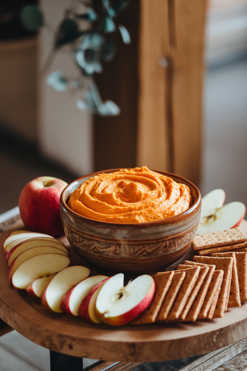 A ceramic bowl of creamy orange pumpkin cheesecake dip on an indoor charcuterie board, surrounded by apple slices and graham crackers. Photo, no text or logos.