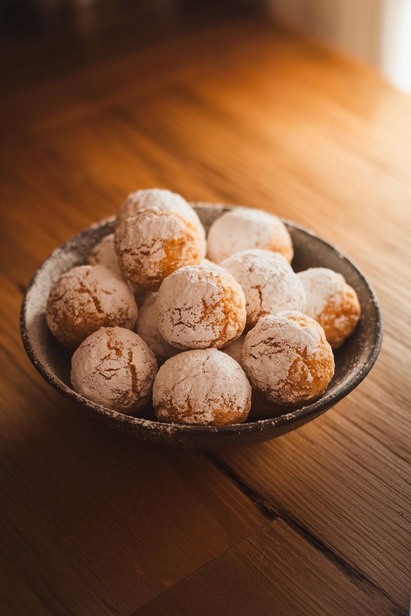 A shallow bowl filled with round, powdered-sugar-coated snowball cookies on a wood table under warm indoor lighting. No text or logos.