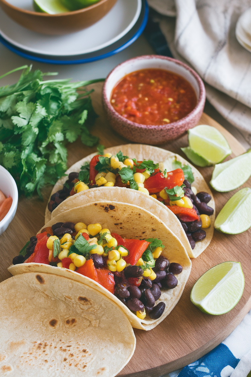 Indoor taco night scene with corn tortillas filled with black beans, roasted peppers, and corn salsa; no text or logos, photo style.