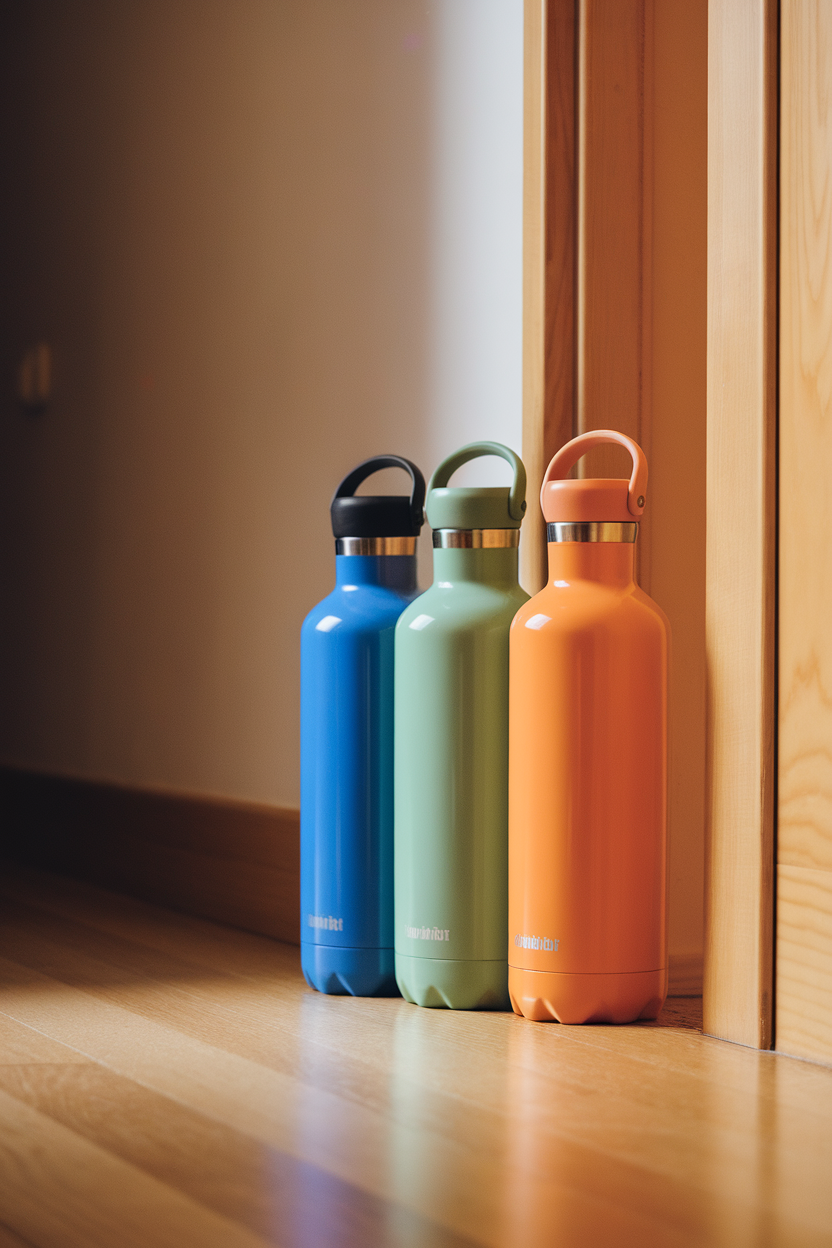 Indoor photo of three colorful stainless-steel water bottles lined up by the front door, soft hallway lighting, no text or logos