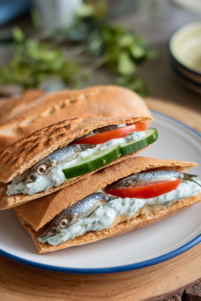 An indoor plate featuring whole-grain pita halves stuffed with sardines, cucumber, tomato, and tzatziki. No text or logos; photo only.