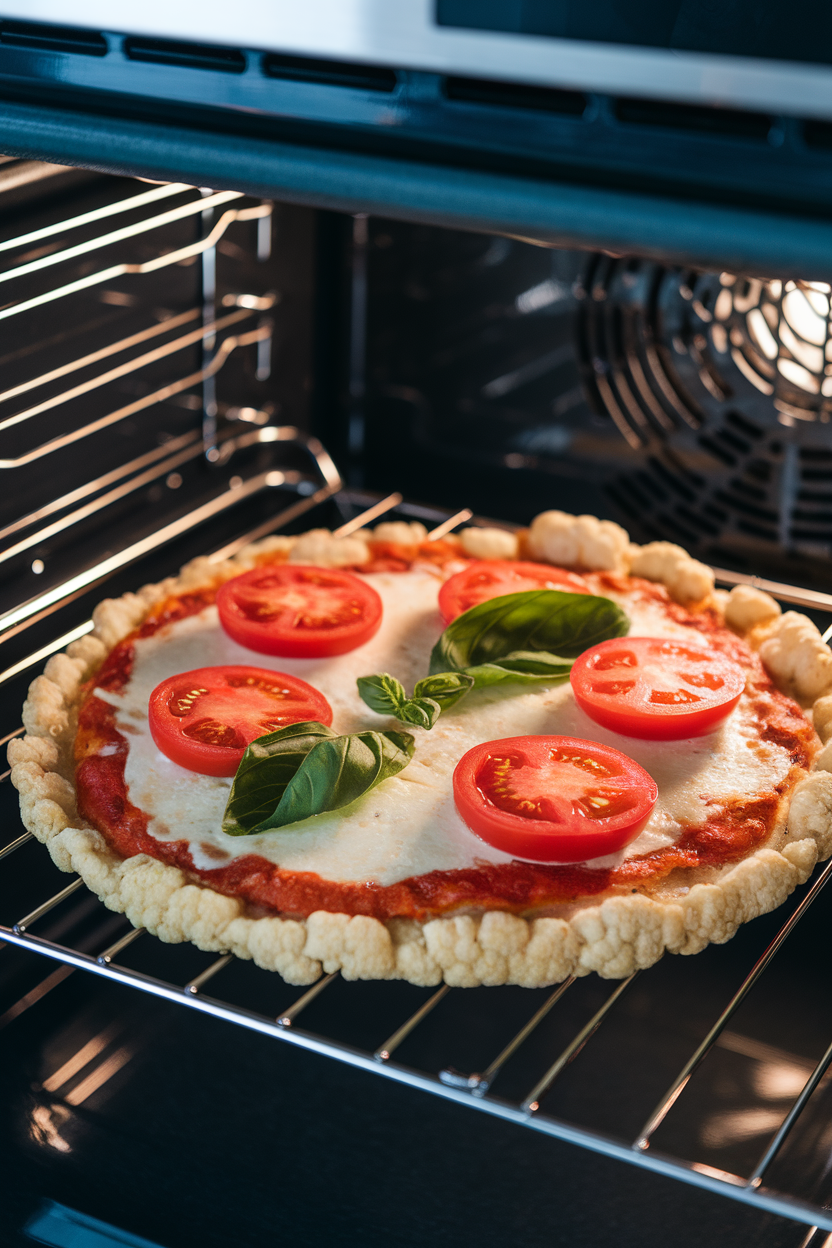 Indoor oven view of a cauliflower-crust pizza topped with fresh tomato slices, melted mozzarella, and basil leaves. No logos or text; photo.