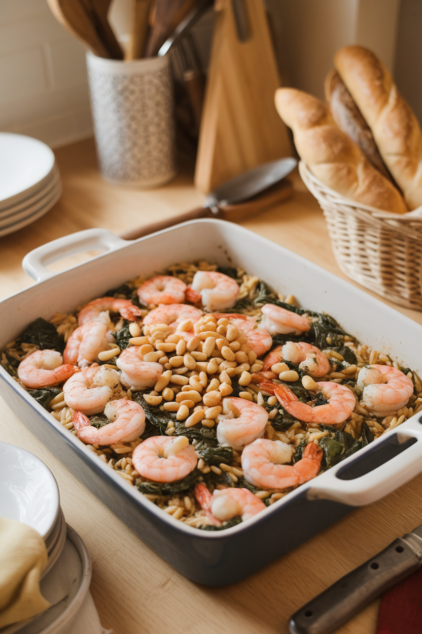Warm kitchen table photo of a casserole showing cooked shrimp, whole-wheat orzo, baby spinach, and basil pesto, lightly toasted pine nuts on top. No text or logos.