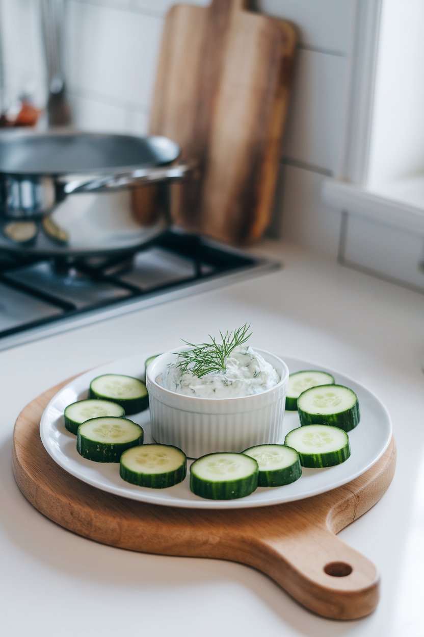 A white appetizer plate inside a bright kitchen displaying cucumber slices around a small ramekin of yogurt dill dip. No text or logos. Photo.