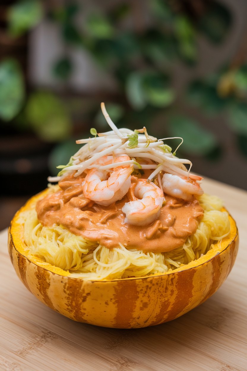 An indoor bowl featuring cooked spaghetti squash tossed in a light peanut sauce with shrimp and bean sprouts. Photo, no text or logos.