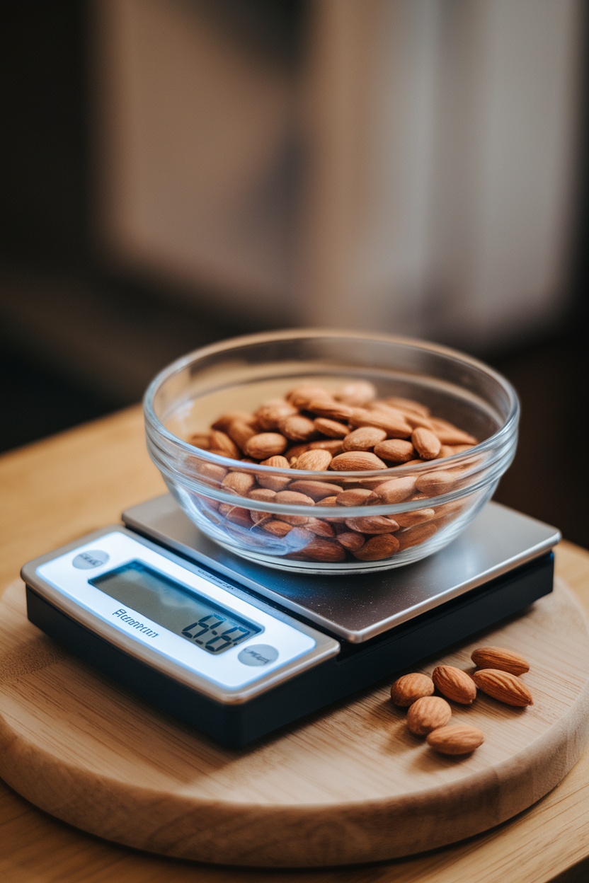 Indoor shot of a digital scale weighing almonds in a glass bowl, backlit display visible but no brand name.
