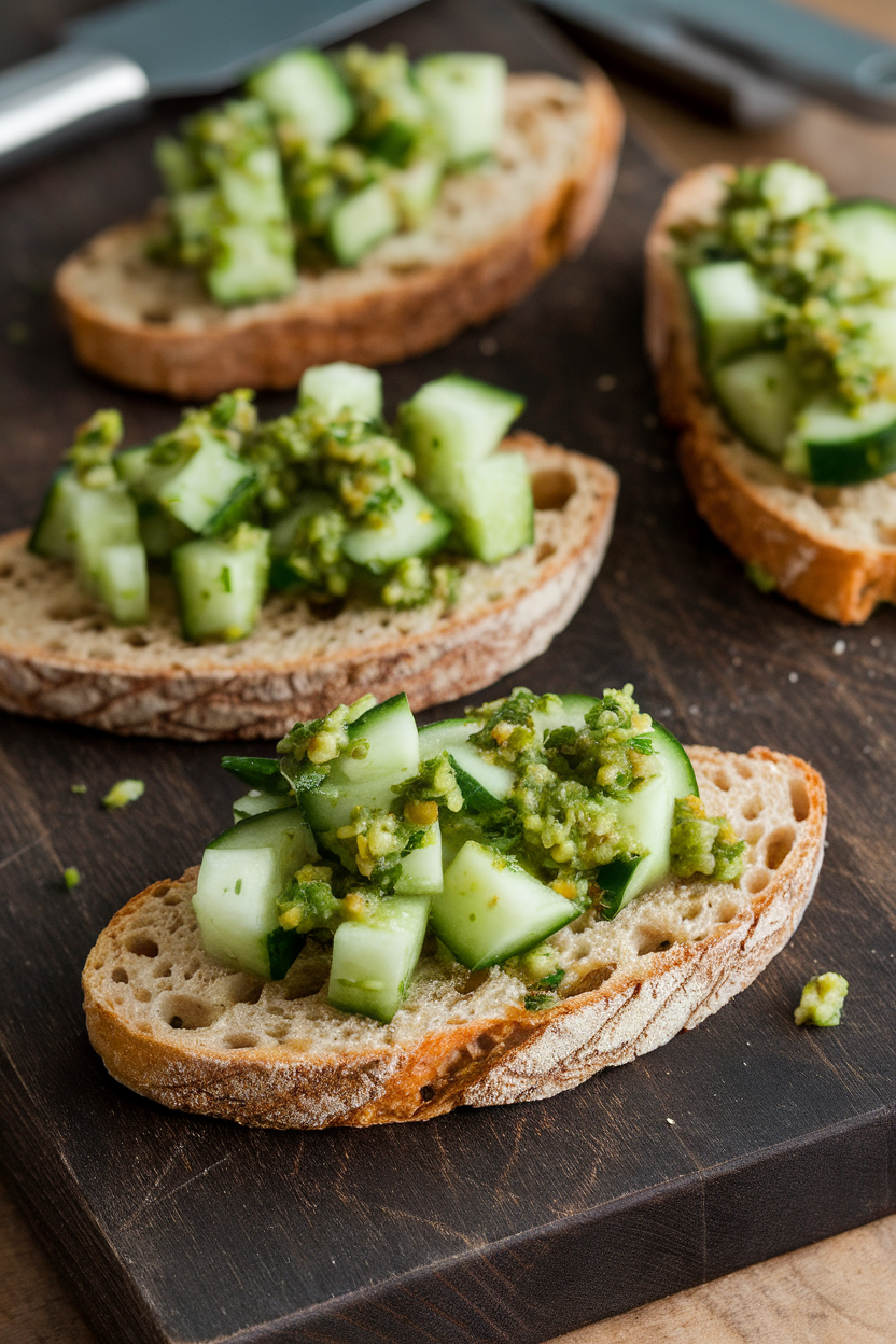 Indoor photo of toasted whole-grain baguette slices topped with diced Persian cucumber tossed in salsa verde, on a dark wood board. No text or logos present.