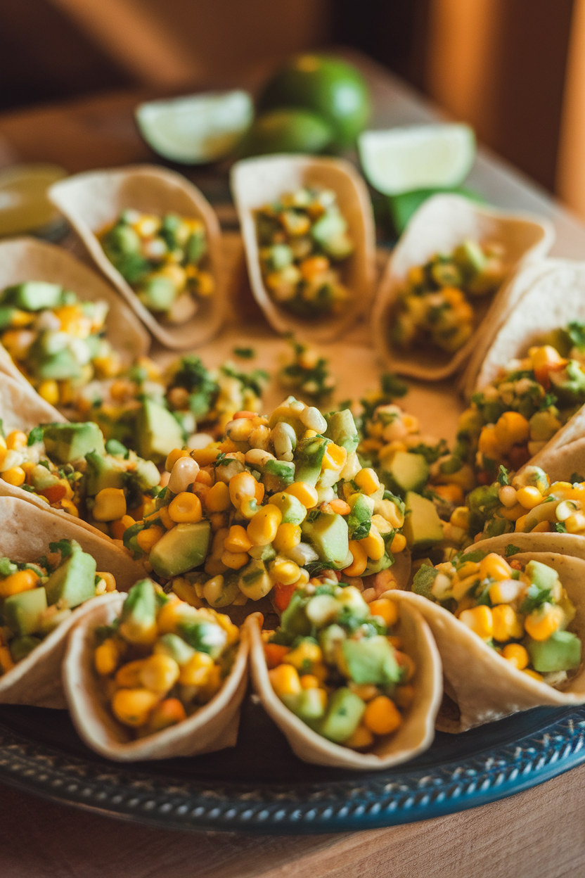 Indoor photo of tortilla scoops filled with colorful corn-avocado salsa on a platter, lime wedges in background. No text or logos.