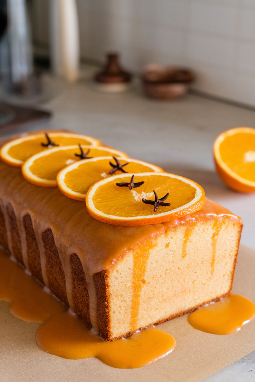 A loaf of pound cake on an indoor countertop, orange glaze setting, thin orange slices and whole cloves as garnish. No logos or text present.