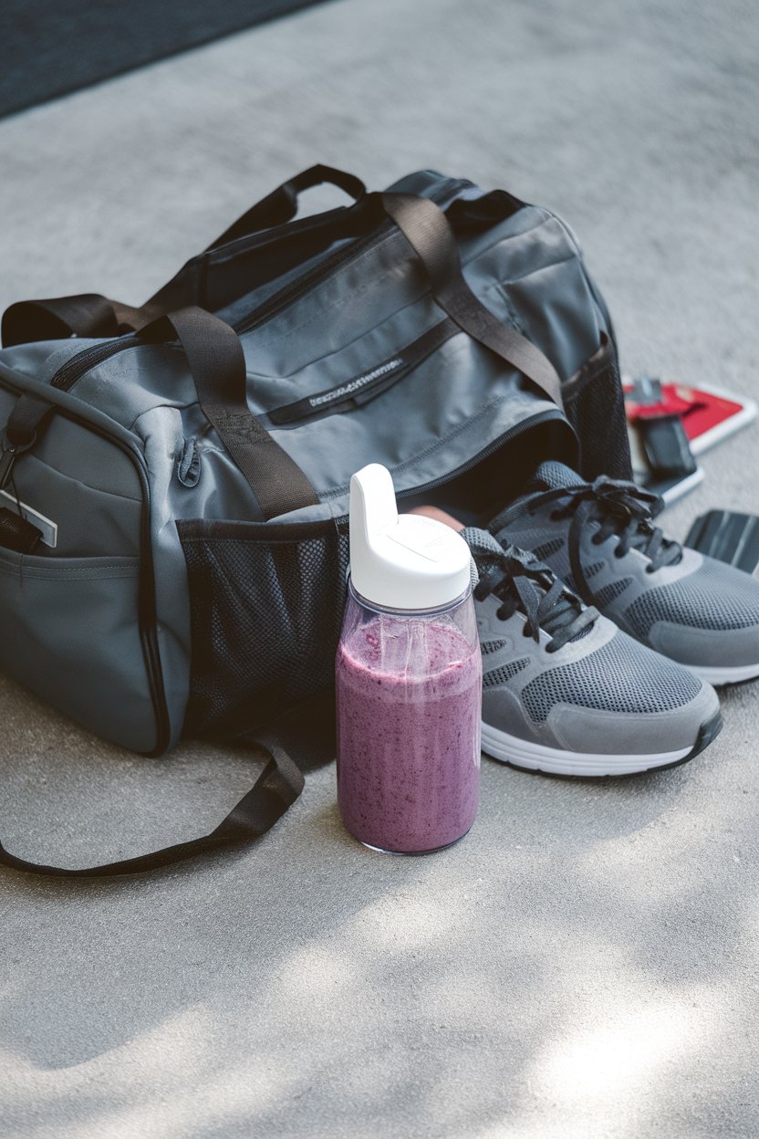 An indoor gym bag beside a blender bottle filled with a purple berry smoothie. Photo, no text or logos.